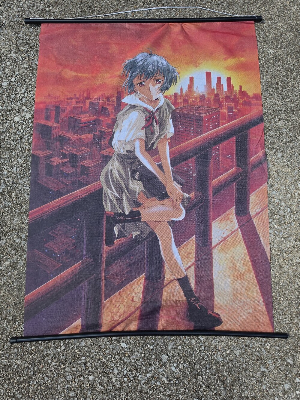 Vintage Anime Poster Rei Ayanami Evangelion Style Sunset City